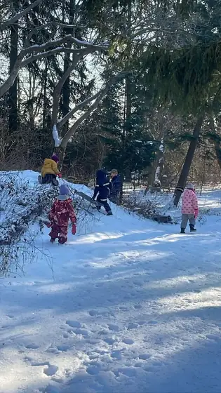 Dzieci na zaśnieżonym zboczu w lesie, widziane z oddali
