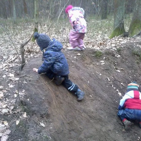 Leśna skarpa, po której dzieci wchodzą w górę